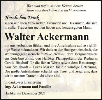 Traueranzeige von Walter Ackermann  von Magdeburger Volksstimme