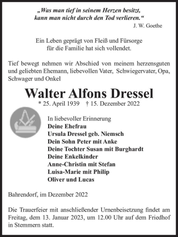 Traueranzeige von Walter Alfons Dressel  von Magdeburger Volksstimme