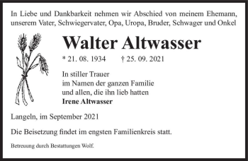 Traueranzeige von Walter Altwasser  von Magdeburger Volksstimme