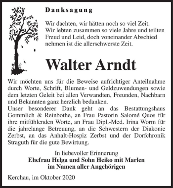 Traueranzeige von Walter Arndt  von Magdeburger Volksstimme