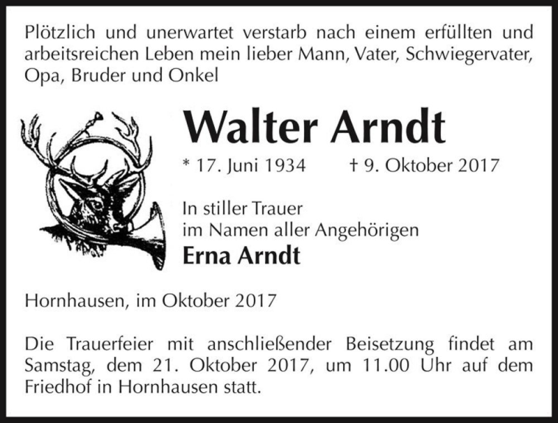  Traueranzeige für Walter Arndt  vom 14.10.2017 aus Magdeburger Volksstimme