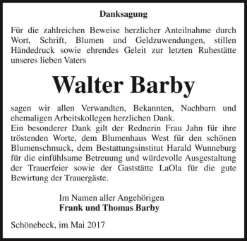 Traueranzeige von Walter Barby  von Magdeburger Volksstimme