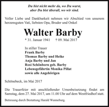 Traueranzeige von Walter Barby  von Magdeburger Volksstimme