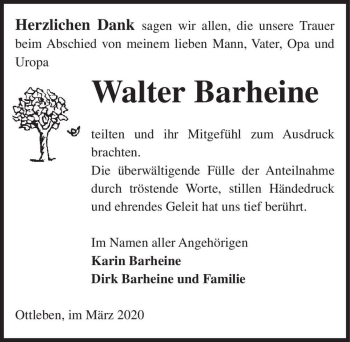 Traueranzeige von Walter Barheine  von Magdeburger Volksstimme