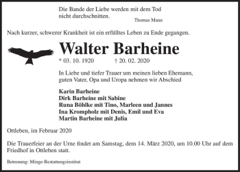 Traueranzeige von Walter Barheine  von Magdeburger Volksstimme