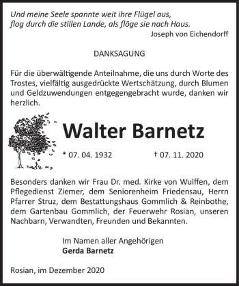 Traueranzeige von Walter Barnetz  von Magdeburger Volksstimme