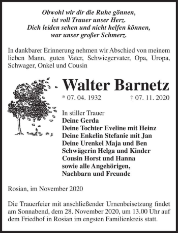 Traueranzeige von Walter Barnetz  von Magdeburger Volksstimme