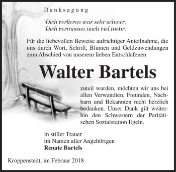 Traueranzeige von Walter Bartels  von Magdeburger Volksstimme