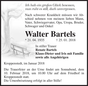 Traueranzeige von Walter Bartels  von Magdeburger Volksstimme