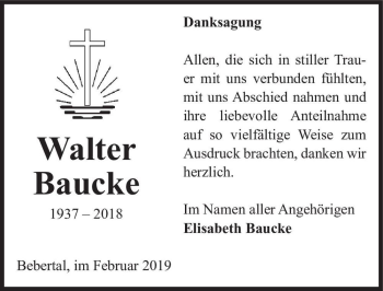 Traueranzeige von Walter Baucke  von Magdeburger Volksstimme