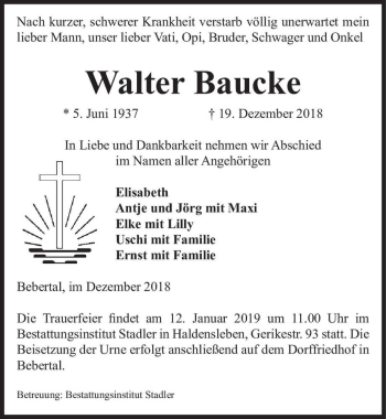 Traueranzeige von Walter Baucke  von Magdeburger Volksstimme