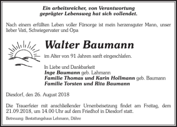 Traueranzeige von Walter Baumann  von Magdeburger Volksstimme