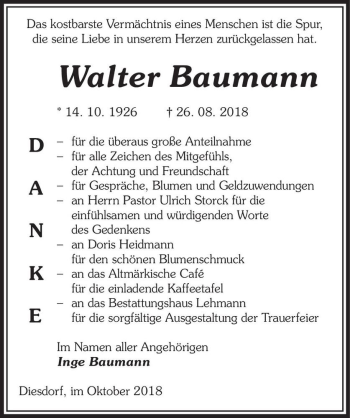Traueranzeige von Walter Baumann  von Magdeburger Volksstimme