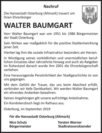 Traueranzeige von Walter Baumgart  von Magdeburger Volksstimme
