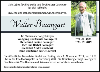 Traueranzeige von Walter Baumgart  von Magdeburger Volksstimme