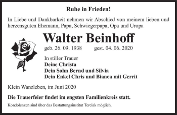 Traueranzeige von Walter Beinhoff  von Magdeburger Volksstimme