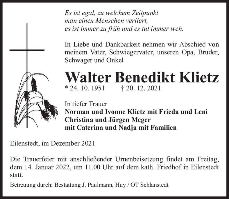  Traueranzeige für Walter Benedikt Klietz  vom 31.12.2021 aus Magdeburger Volksstimme