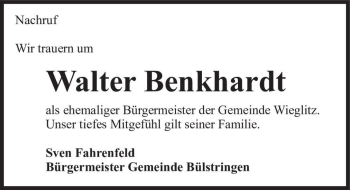 Traueranzeige von Walter Benkhardt  von Magdeburger Volksstimme