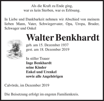 Traueranzeige von Walter Benkhardt  von Magdeburger Volksstimme