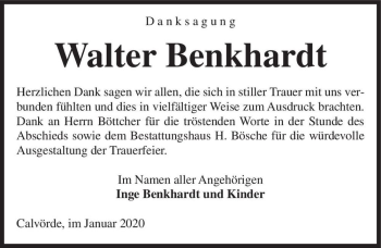 Traueranzeige von Walter Benkhardt  von Magdeburger Volksstimme