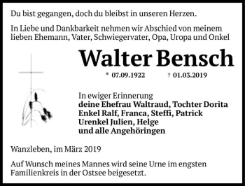 Traueranzeige von Walter Bensch  von Magdeburger Volksstimme