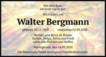 Traueranzeige von Walter Bergmann  von Magdeburger Volksstimme