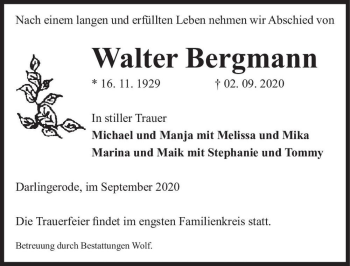 Traueranzeige von Walter Bergmann  von Magdeburger Volksstimme