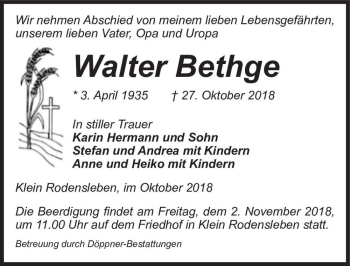 Traueranzeige von Walter Bethge  von Magdeburger Volksstimme