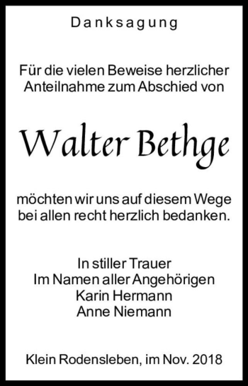 Traueranzeige von Walter Bethge  von Magdeburger Volksstimme