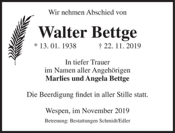 Traueranzeige von Walter Bettge  von Magdeburger Volksstimme