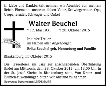 Traueranzeige von Walter Beuchel  von Magdeburger Volksstimme