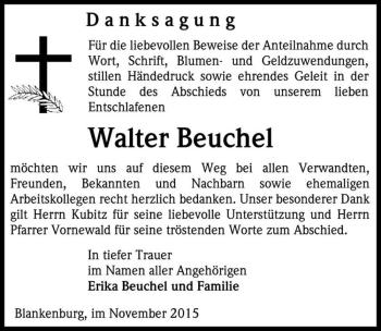 Traueranzeige von Walter Beuchel  von Magdeburger Volksstimme