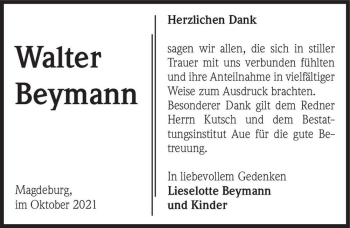 Traueranzeige von Walter Beymann  von Magdeburger Volksstimme