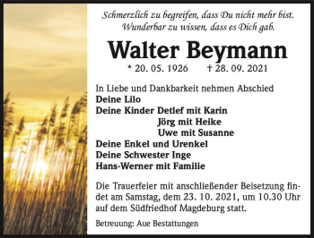 Traueranzeige von Walter Beymann  von Magdeburger Volksstimme
