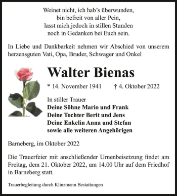 Traueranzeige von Walter Bienas  von Magdeburger Volksstimme