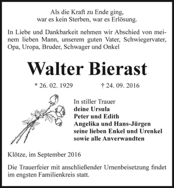 Traueranzeige von Walter Bierast  von Magdeburger Volksstimme