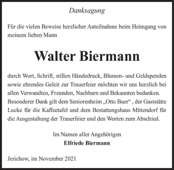 Traueranzeige von Walter Biermann  von Magdeburger Volksstimme