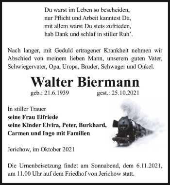 Traueranzeige von Walter Biermann  von Magdeburger Volksstimme