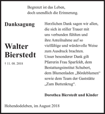 Traueranzeige von Walter Bierstedt  von Magdeburger Volksstimme