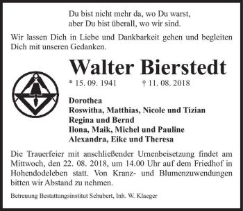 Traueranzeige von Walter Bierstedt  von Magdeburger Volksstimme