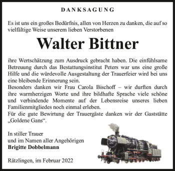 Traueranzeige von Walter Bittner  von Magdeburger Volksstimme