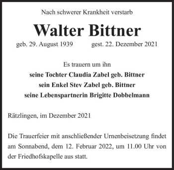 Traueranzeige von Walter Bittner  von Magdeburger Volksstimme