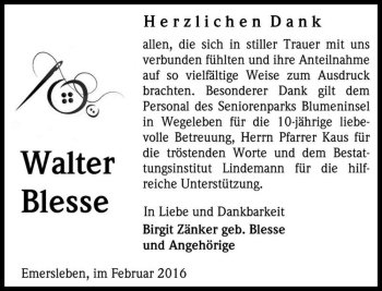 Traueranzeige von Walter Blesse  von Magdeburger Volksstimme
