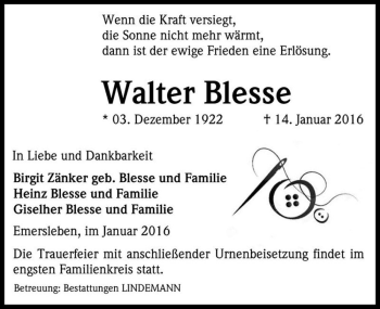 Traueranzeige von Walter Blesse  von Magdeburger Volksstimme