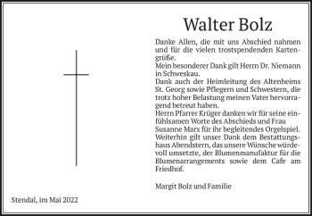 Traueranzeige von Walter Bolz  von Magdeburger Volksstimme