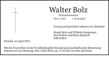 Traueranzeige von Walter Bolz  von Magdeburger Volksstimme