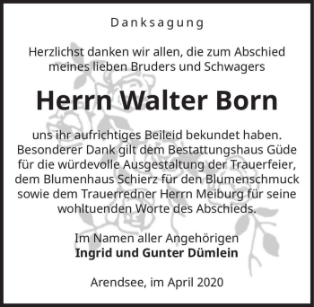 Traueranzeige von Walter Born  von Magdeburger Volksstimme