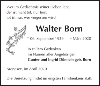 Traueranzeige von Walter Born  von Magdeburger Volksstimme