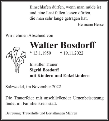 Traueranzeige von Walter Bosdorff  von Magdeburger Volksstimme