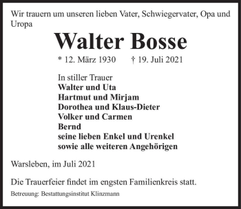 Traueranzeige von Walter Bosse  von Magdeburger Volksstimme